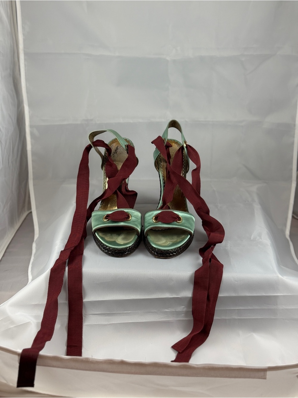BCBGMAXAZRIA Mint Satin Ribbon-Tie Wooden Wedge Sandals, Size 6.5